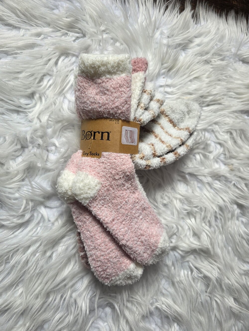 Born Cozy Pink & White Plush Lounge Socks - 2 Pair Set